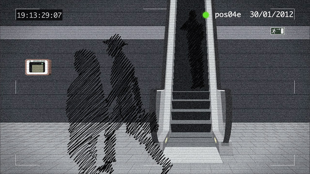 a screenshot from the "Last Exit to Heaven" intro showing a scene in an underground station (escalators, a defibrillator and people walking around)