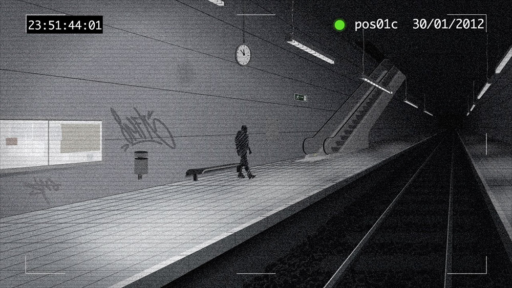 a screenshot from the "Last Exit to Heaven" intro showing a lonely guy walking towards the rails in a subway station