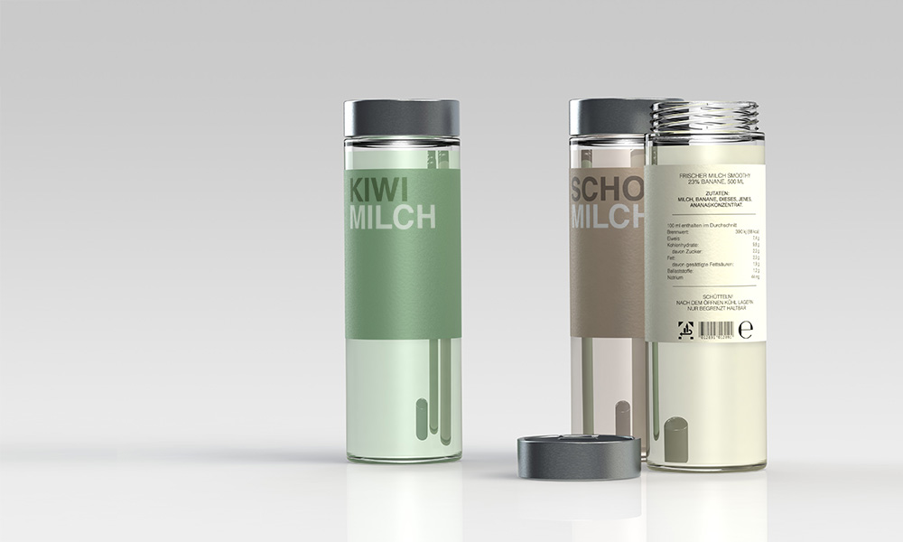 a rendering of three smoothy bottles (glass bottles with very graphic labels)