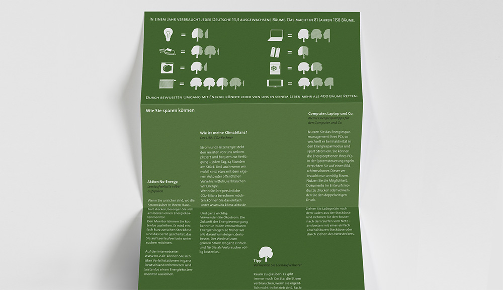 a green folded leaflet giving advice on how to save energy (flat graphics and text)