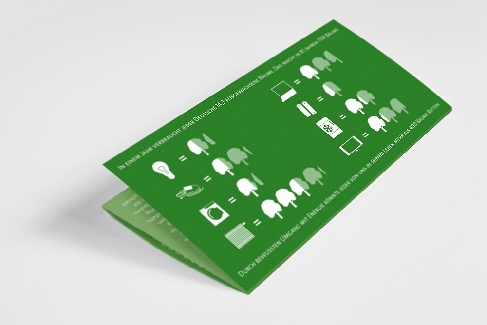 the front of a folded leaflet, on green background a series of white graphics give advice how much energy can be saved