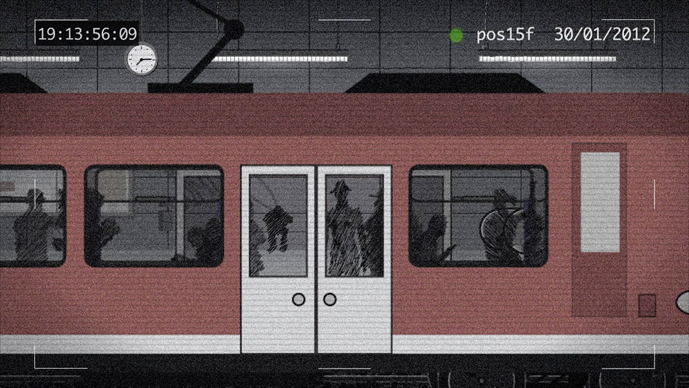 a screenshot from the "Last Exit to Heaven" intro showing a local train stopping in a underground station, a lonely guy can be seen sitting on a bench in the station