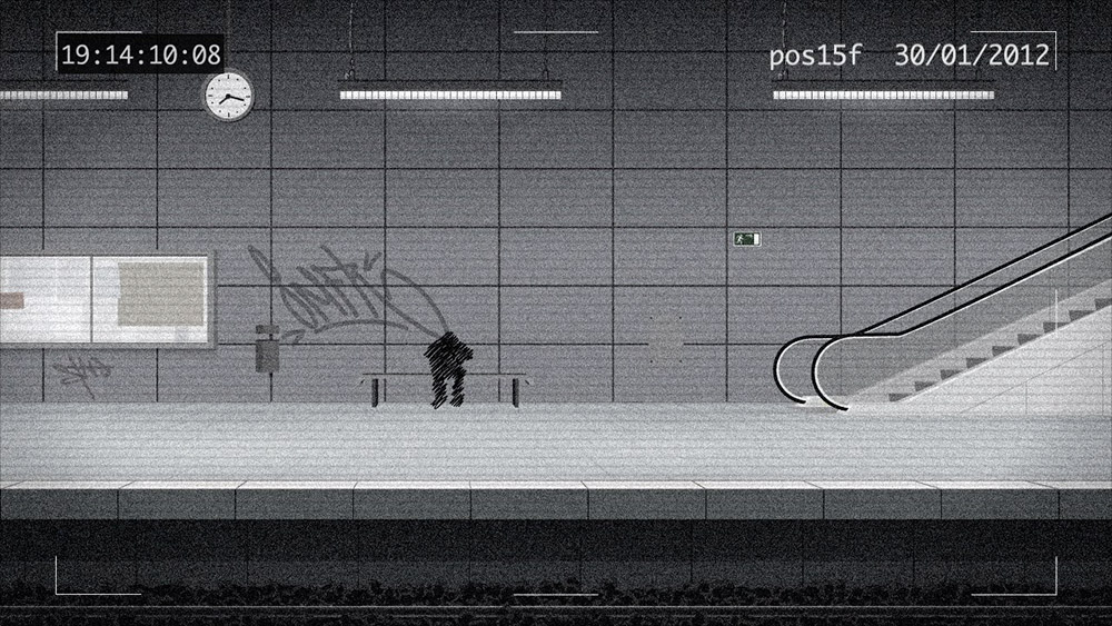 a screenshot from the "Last Exit to Heaven" intro showing a lonely guy sitting on a bench in a subway station (plain frontal view)