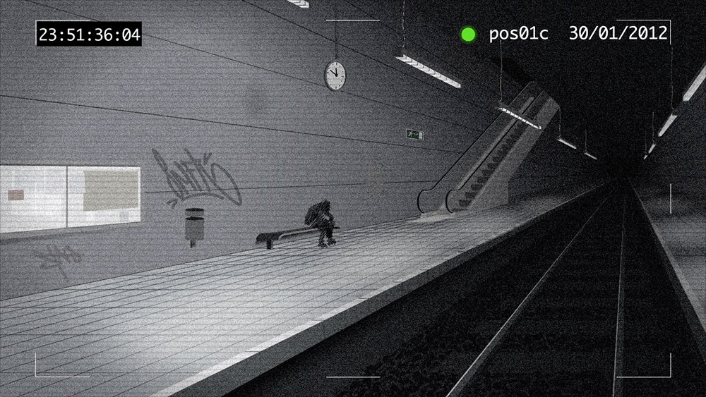 a screenshot from the "Last Exit to Heaven" intro showing a lonely guy sitting on a bench in a subway station