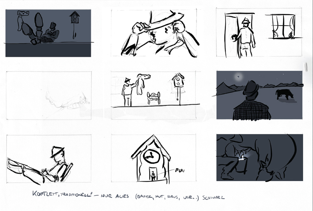 a series of quick sketches for a spot advertising the black milk
