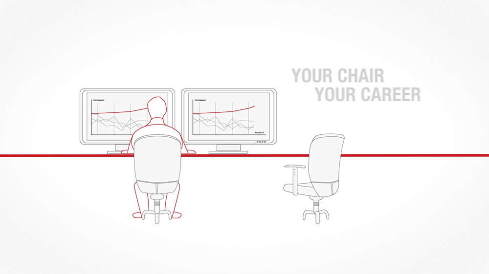 A screenshot from the Renk image-clip: a person sitting in a chair evaluating data and an empty chair. text saying "your chair your career"